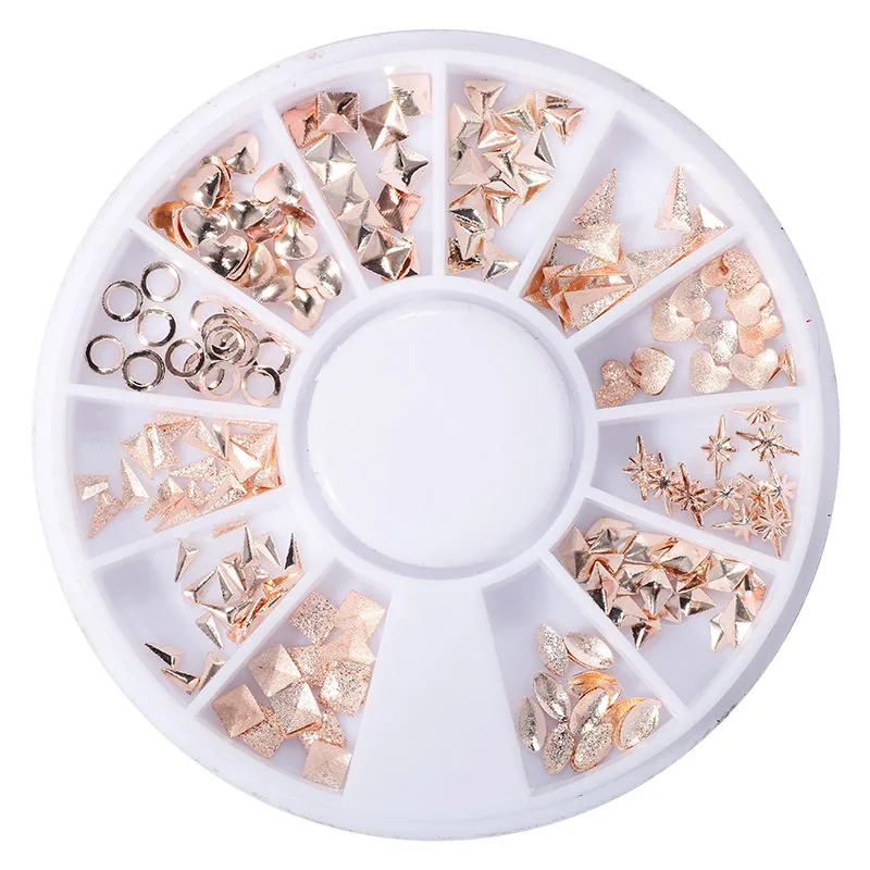 

1 Box 12 Grids Golden Nail Accessories Frosted Metal Rivet Jewelry Rice Grain Triangle Round Nail Decoration Accessories
