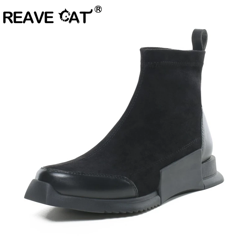 Женские ботильоны из воловьей кожи REAVE CAT брендовые черные эластичные флока без