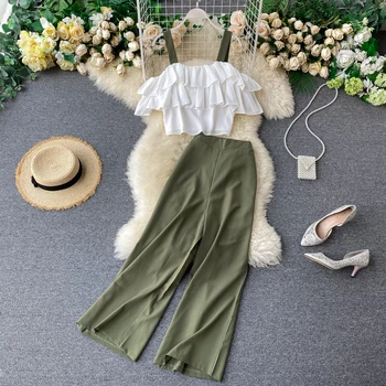 

2020 Women New Sleeveless Ruffled Tops + High Waist Wild Wide Leg Pants Two Piece Sets L796