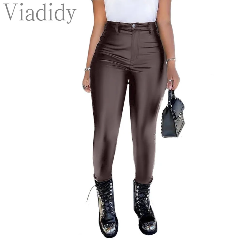 

Women Casual Solid Color High Waist PU Pencil Pants
