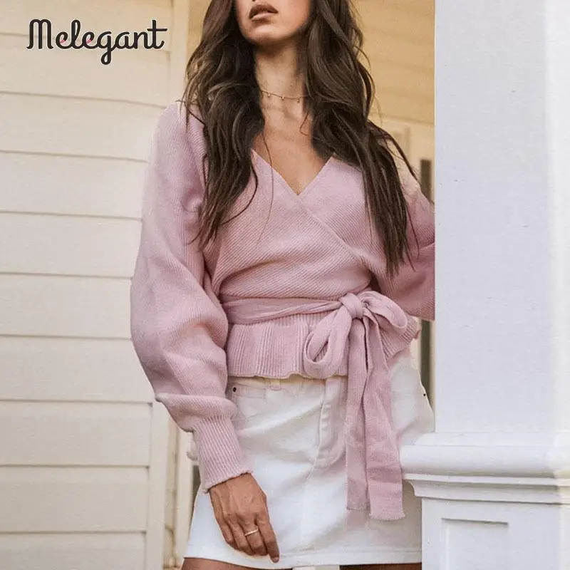 

Melegant Sexy Chic Backless Solid Pink Sweater Women Autumn 2019 Winter Sweaters Pullovers Bow Femme Ruffles Sweater