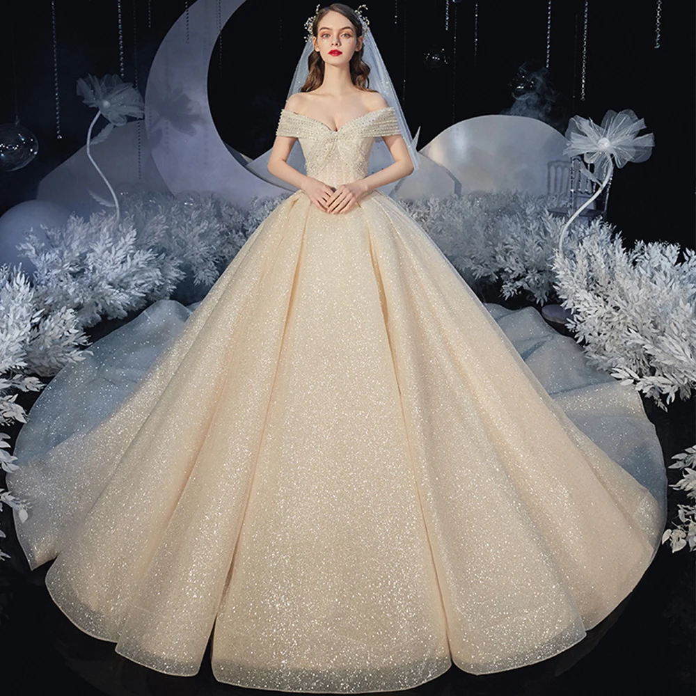 Off The Shoulder Short Sleeve Lace Up Back All Over Shiny Princess Ball Gown Wedding Dresses Plus Size Aliexpress Online Shop tea length wedding dress Wedding Dresses