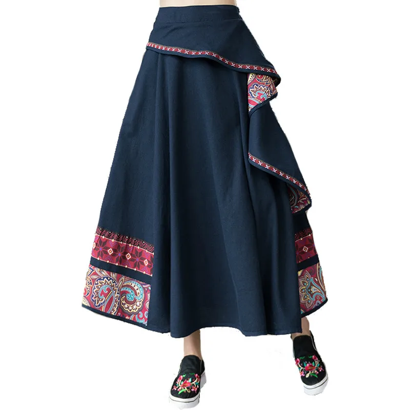 2023 New Cotton Linen Embroidery Women Skirt Ethnic Style High Waist Patchwork Skirts Womens Vintage Midi Mori Girl Skirts