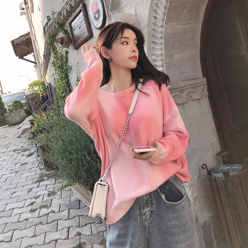 

MISHOW 2019 Autumn Winter Pink Tie-dyed Causal Knit Sweater Women Oneck Loose Long Sleeves Pullover Tops MX19C5444