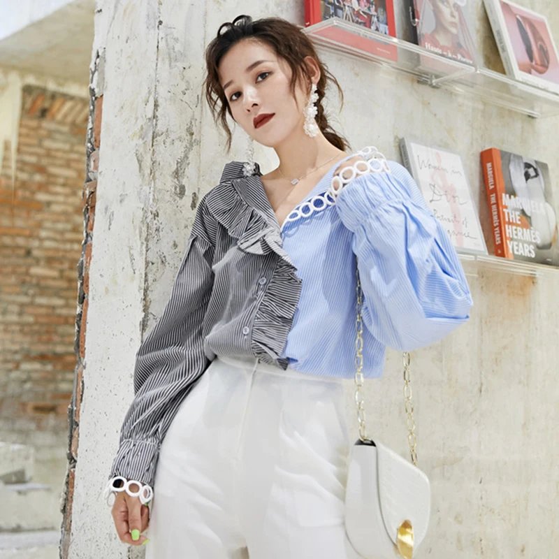 GALCAUR Лоскутная полосатая женская рубашка с оборками, v-образный вырез, длинный рукав, хит, цветная Асимметричная блуза, Женская мода, корейская мода, новинка - Цвет: as picture