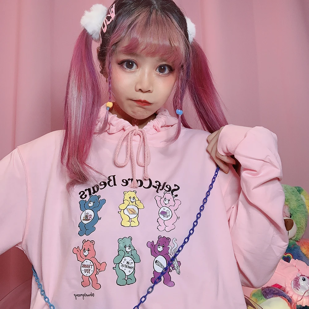 Японский Harajuku для девочек мягкий сердце сестра Лори медведь розовый свободный большой с капюшоном длинным рукавом Толстовка Толстовки