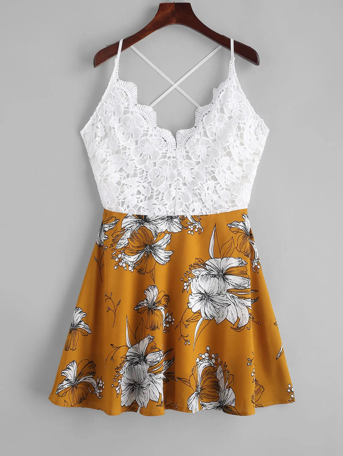 

ZAFUL 2019 Women Summer Dress Floral Print Crochet Panel A Line Cami Dress Mini Dresses Vestidos
