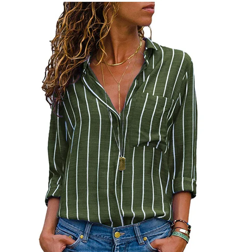 Women Stripe Shirts Blouses Long Sleeve Casual Lady Office Chiffon Shirt Autumn Blouse Loose Button Mujer Blusas Top Plus Size