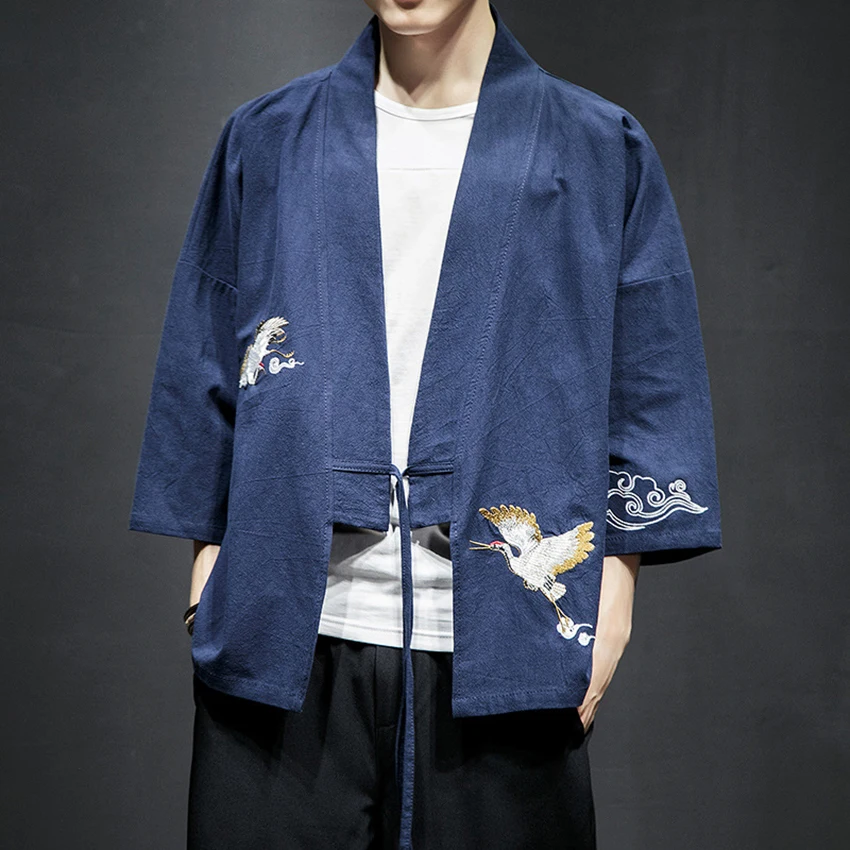 Haori Crane Embroidery News Japanese Style Asian Clothes Vintage Traditional Clothing Men Women Plus Size Samurai