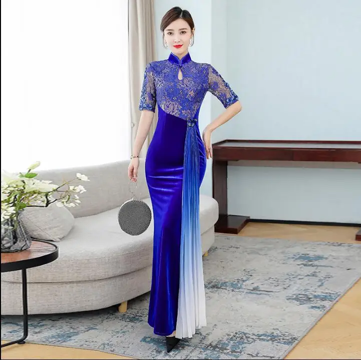 

Chinese Cheongsam Velvet Dress Blue Summer Lace Chipao Vintage Women Improvement Oriental