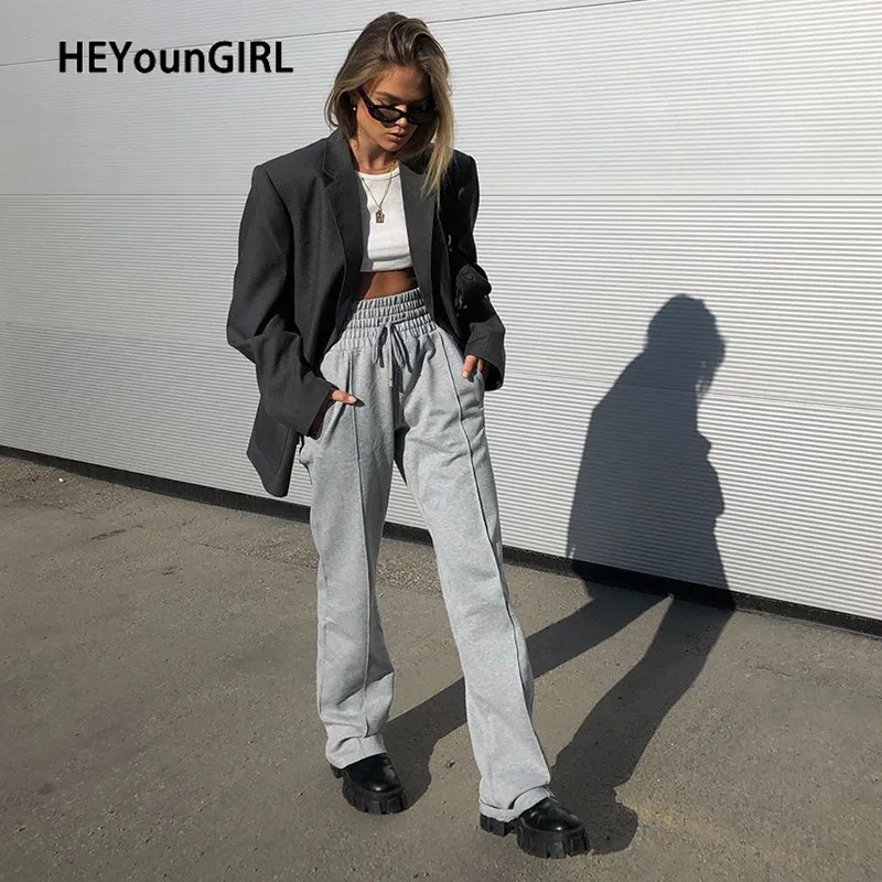 HEYounGIRL Gray Casual Loose Straight Sweatpants Women Elastic High Waist Long Trousers Ladies Pockets Harajuku Pants Capris HEYounGIRL Gray Casual Loose Straight Sweatpants Women Elastic High Waist Long Trousers Ladies Pockets Harajuku Pants Capris
