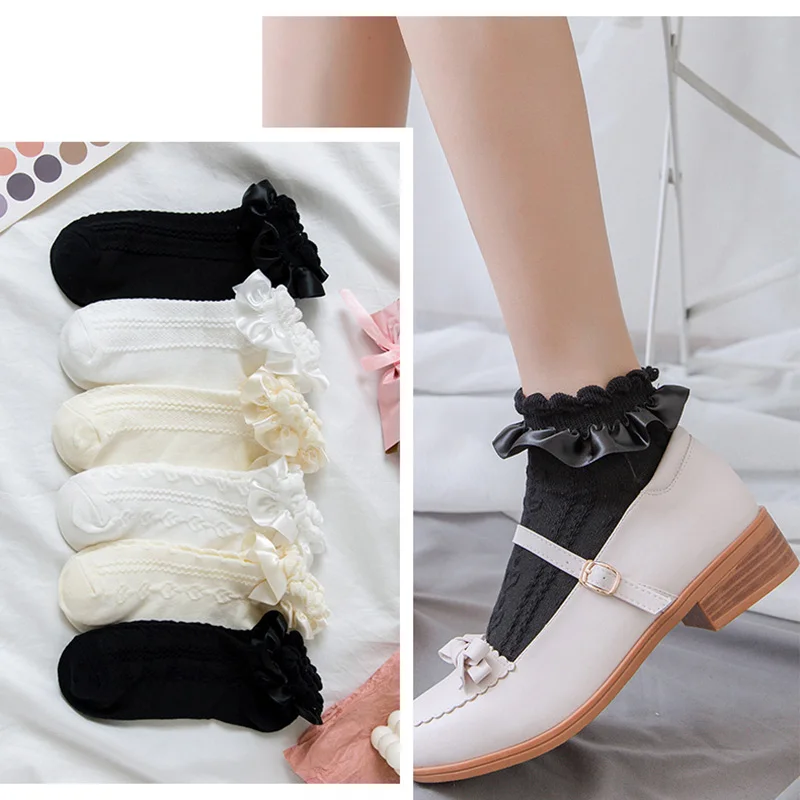 Women Lace Mesh Black White Cotton Socks Lolita Style Japanese Maiden Lovely Short Socks Harajuku Frilly Ruffle Princess Socks