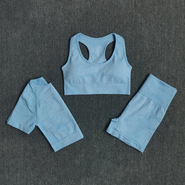 2/3/5PCS Seamless Women Yoga Set Workout Sportswear Gym Clothing Fitness Long Sleeve Crop Top High Waist Leggings Sports Suits BraShirtsShortsBlue