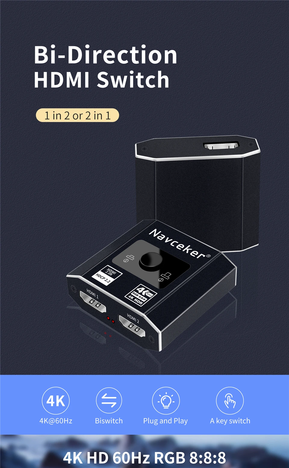 HDMI 2.1 Splitter Switch 8K 60Hz 4K 120Hz 2 in 1 out for TV Xiaomi Xbox SeriesX