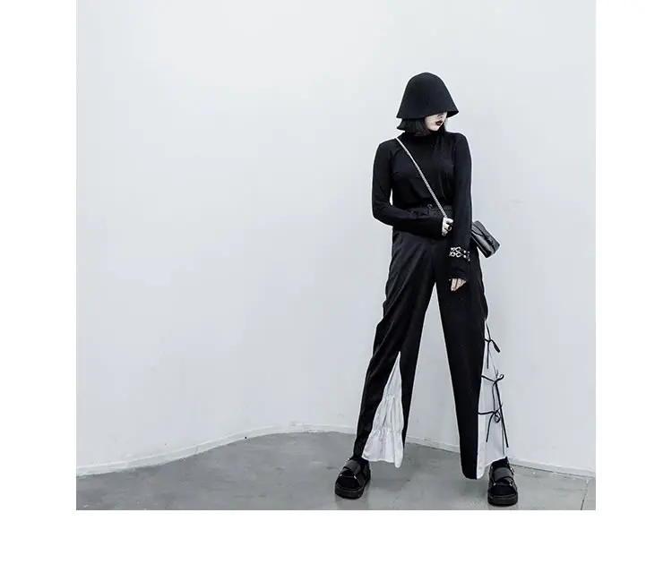 XITAO шифон, высокая талия брюки женские Нерегулярные Drawstring элегантные Лоскутные черные плиссированные маленькие свежие осенние брюки WQR1753