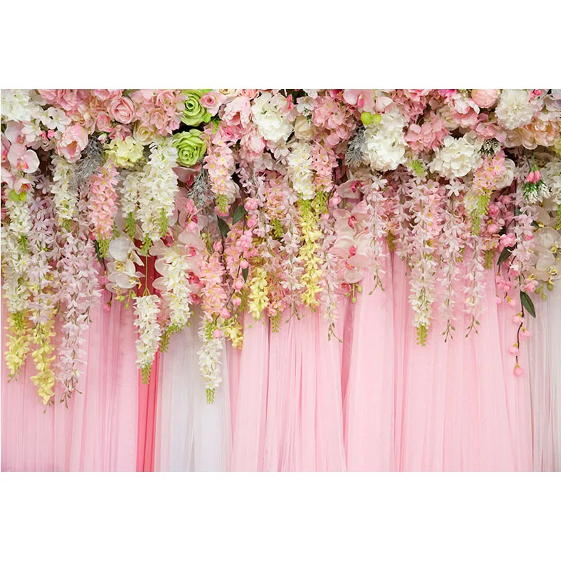 

Customized printing horizontal style pink floral wall photo backgrounds for event party portrait photography backdrops