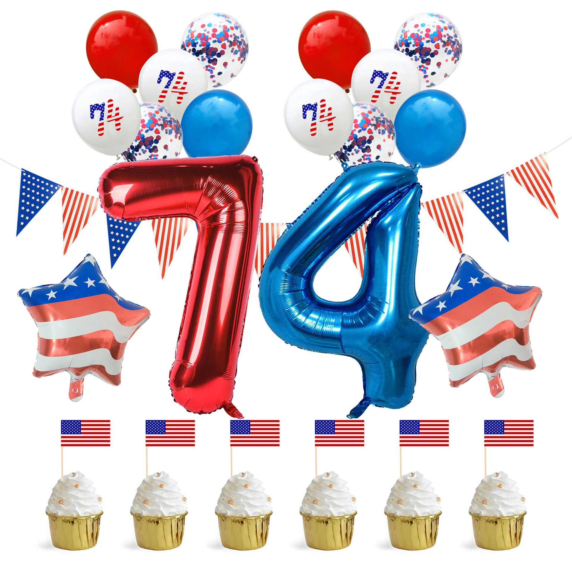 1Set USA Independence Day Flag Balloons Cake Stick Set Latex Foil Confetti Balloon USA Birthday Fourth of July Garden Decor
