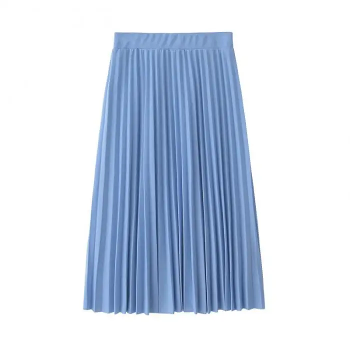 Pop Women Lady High Waist Elasticity Solid Color Pleated Midi Skirt For Party Holiday Pop 88