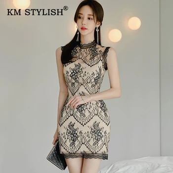 

Women Lace Slim Waist Casual Dress Sexy Sleeveless Feminine Hip Package Sheath Vest Dresses S-XL