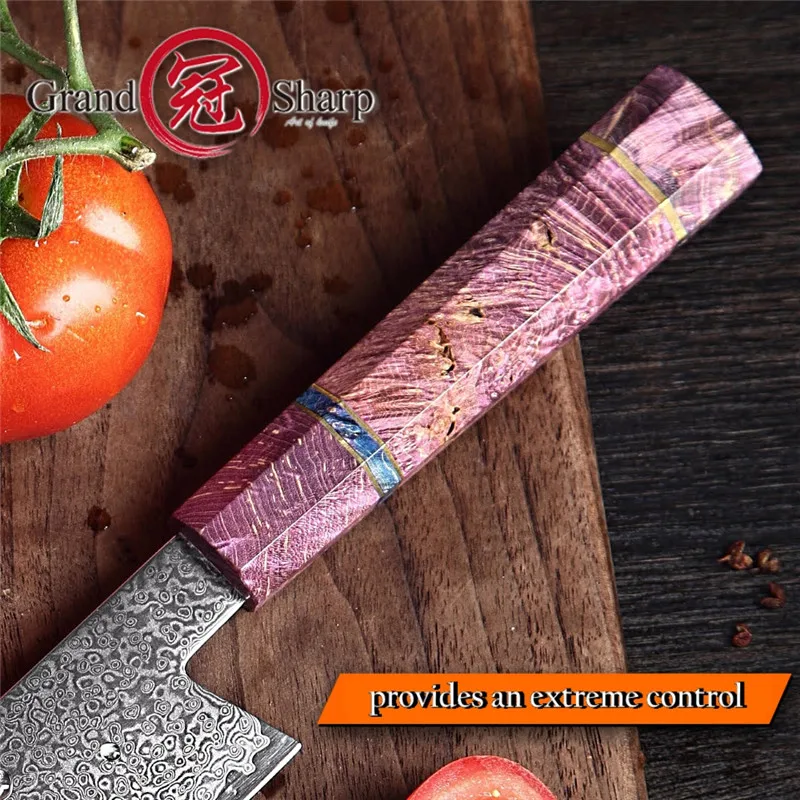 Нож шеф-повара GRANDSHARP vg10, японские кухонные ножи из дамасской стали, нож с фиолетовой ручкой, кухонные ножи, подарочная коробка