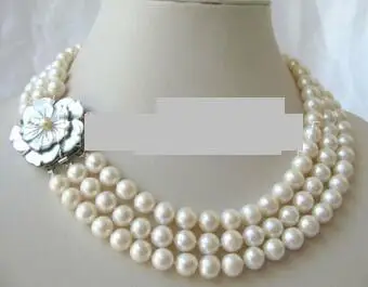 

3row 7-8mm natural black round freshwater pearl necklace - flower 17-19