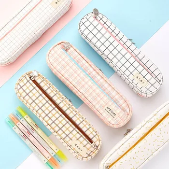 

1 PC Kawaii Canvas Lattice Pencil Case Large Capacity Pencil Bag For Girls Boy Gift School Office Stationary Supplies