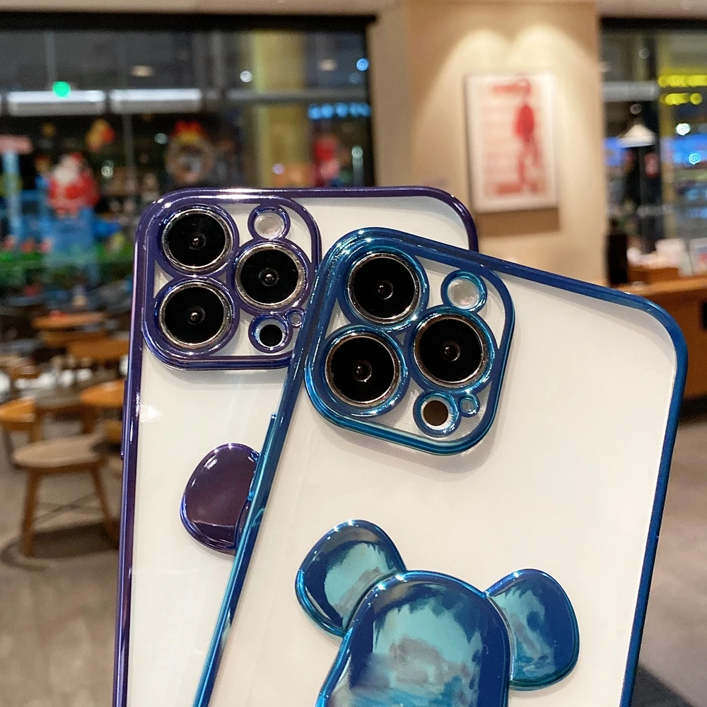 Cute Bear Plating Phone Case for iPhone 13 12 11 Pro Max X Xs Xr 8 7 Plus SE 2020 Transparent Silicone Lens Protection Cover