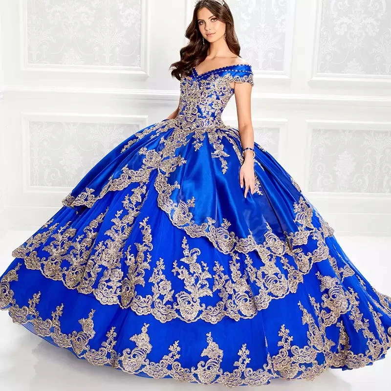 Off the Shoulder Royal Blue Quinceanera Dresses With Gold Appliqued Ball Gown Prom Dress Corset Sweet 16 Party Gowns Vestidos|Quinceanera Dresses| - AliExpress