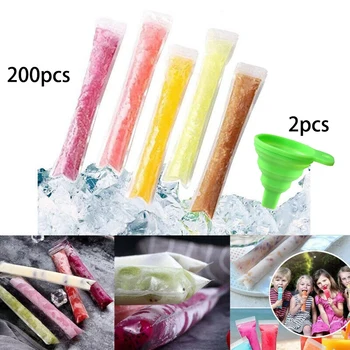 

200PCS Disposable Ice sicle Molds Bags with 2 Funnel Candy Zipper Closure Pouch Freeze s Bag 28X5.5cm