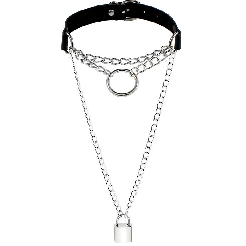 

Gothic Lock Chain Necklace Round on Neck Multilayer Punk Choker collar goth Pendant Necklaces Women Black Lleather Night Jewelry