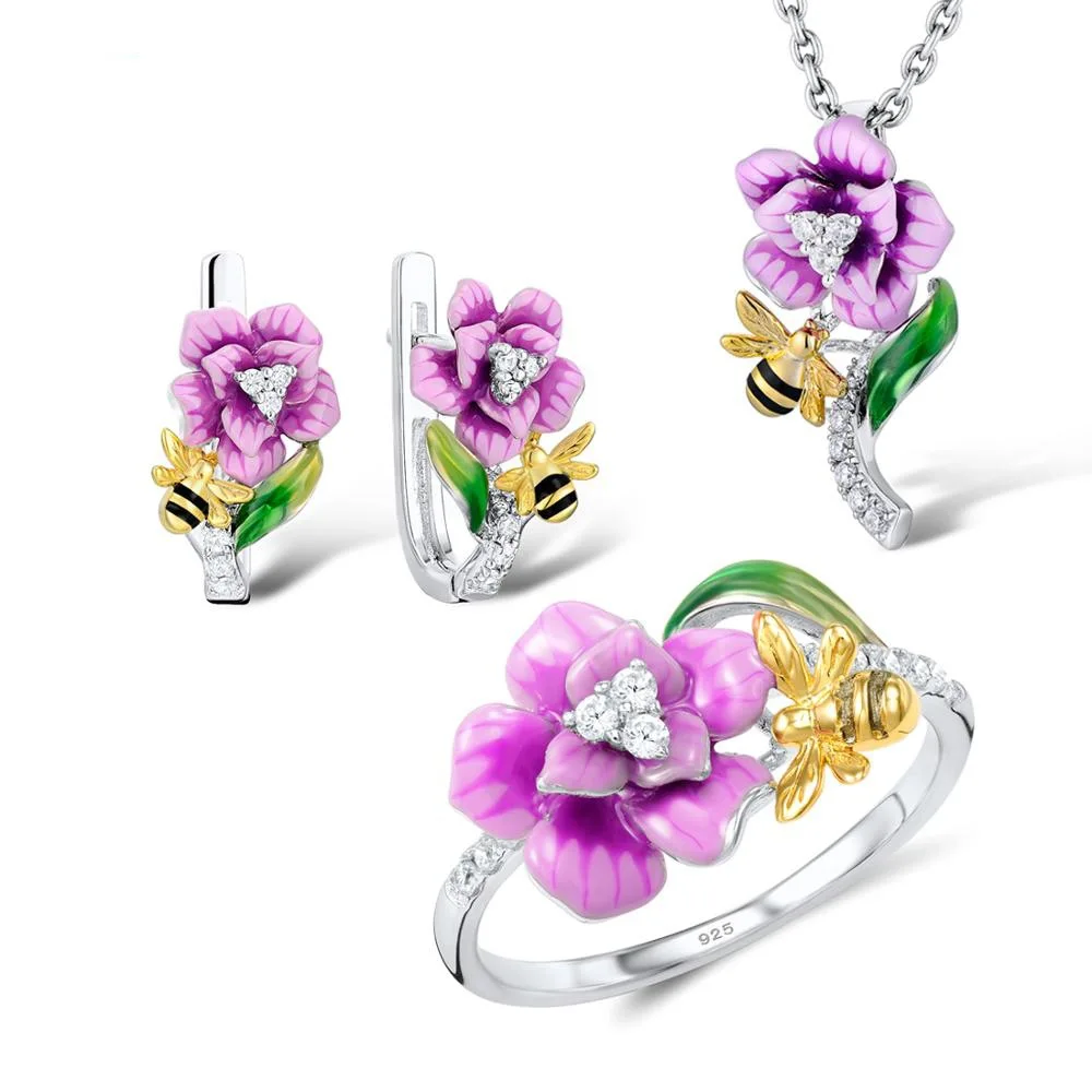 925 Серебряное женское эмалированное цветочное ожерелье с кулоном «пчела» кольца серьги комплект ювелирных изделий