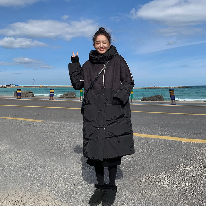 

Korean-style Long Cotton Coat Women's Winter Thick Suede Joint Double Breasted Loose-Fit Large Cotton-padded Clothes Warm Coat F