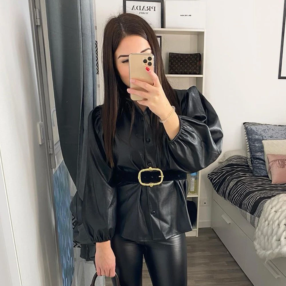  Leather Shirts Blouses Woman 2019 New Casual Lapel Pull Sleeve Khaki Tops Spring Autumn Ladies Butt