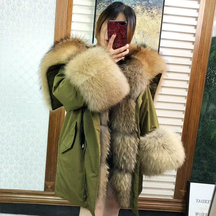 MaoMaoKong2019 длинный WnterJacket женская верхняя одежда толстые парки енот природный натуральный мех воротник пальто с капюшоном натуральный теплый лисий мех