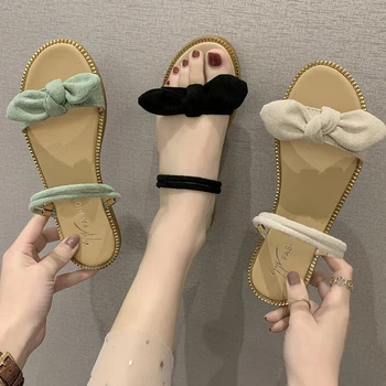 

Slippers Casual Butterfly-knot Summer Women's Shoes Slides Pantofle Flock Low Luxury 2020 Soft Flat Rubber PU Fashion Basic