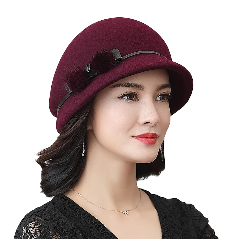 Wine Red FS для женщин Клош Дерби котелок кепки с норка шерсть фетр шапки ведро теплые зимние Винтаж Мода Твердые крышки для дам девочек подарок - Цвет: Wine Red