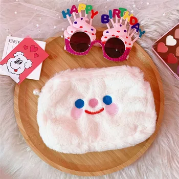 

Modern Cute Plush Makeup Storage Bag Cartoon Pink Cat Bunny White Smiley Bear One Size Kids Gift Girls Portable Storage Bag