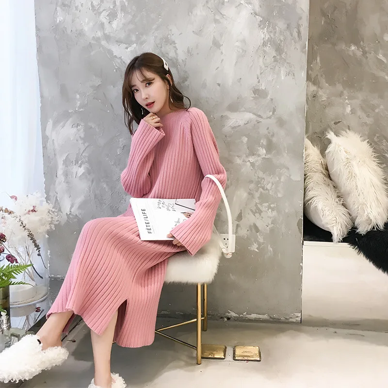 SuperAen Harajuku модное женское трикотажное платье в Корейском стиле, однотонное, осень и весна, женское платье, новая женская одежда - Цвет: pink
