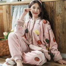 Coral Fleece Pajamas Women's Winter Long-sleeved Thickening Plus Fleece Warmth Flannel Home Service Spring and Autumn Suit