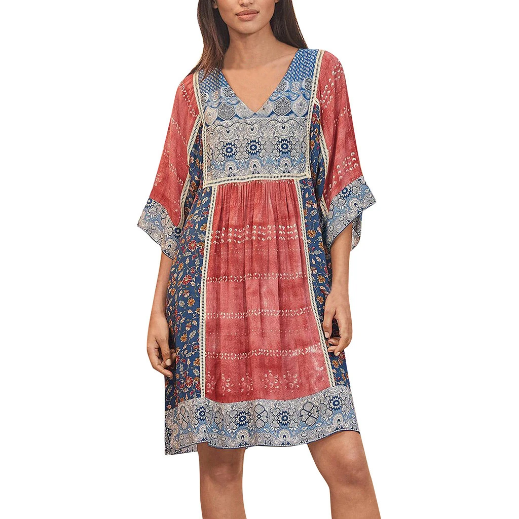 FREE OSTRICH Women Fashion Bohemian Party Print V Neck Plus Size Loose Casual Mini Lady's Comfortable Dress Ladies Girls 717