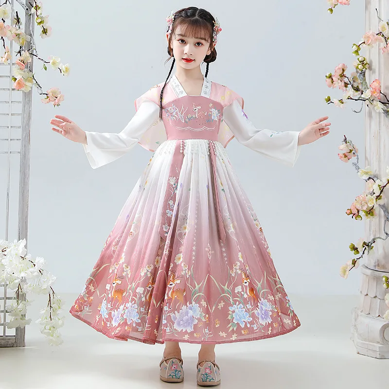 

Традиционные китайские платья Hanfu для девочек, сценические костюмы для новогодвечерние, костюмы Тан на весну и осень, одежда для народных танцев
