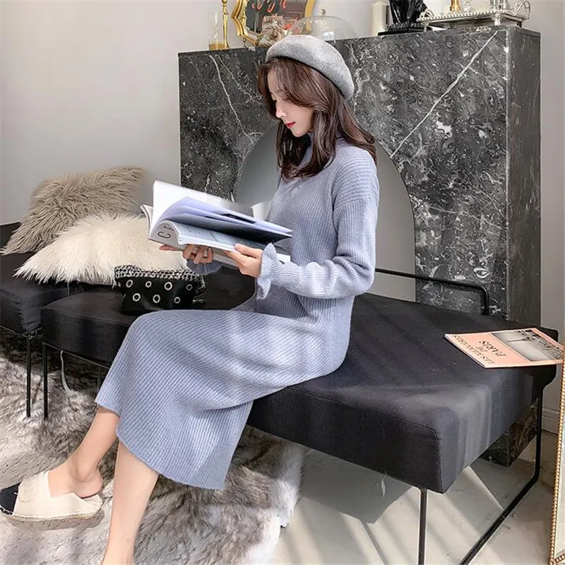 2019 женский свитер осень-зима длинный сплошной цвет с длинными рукавами до колена