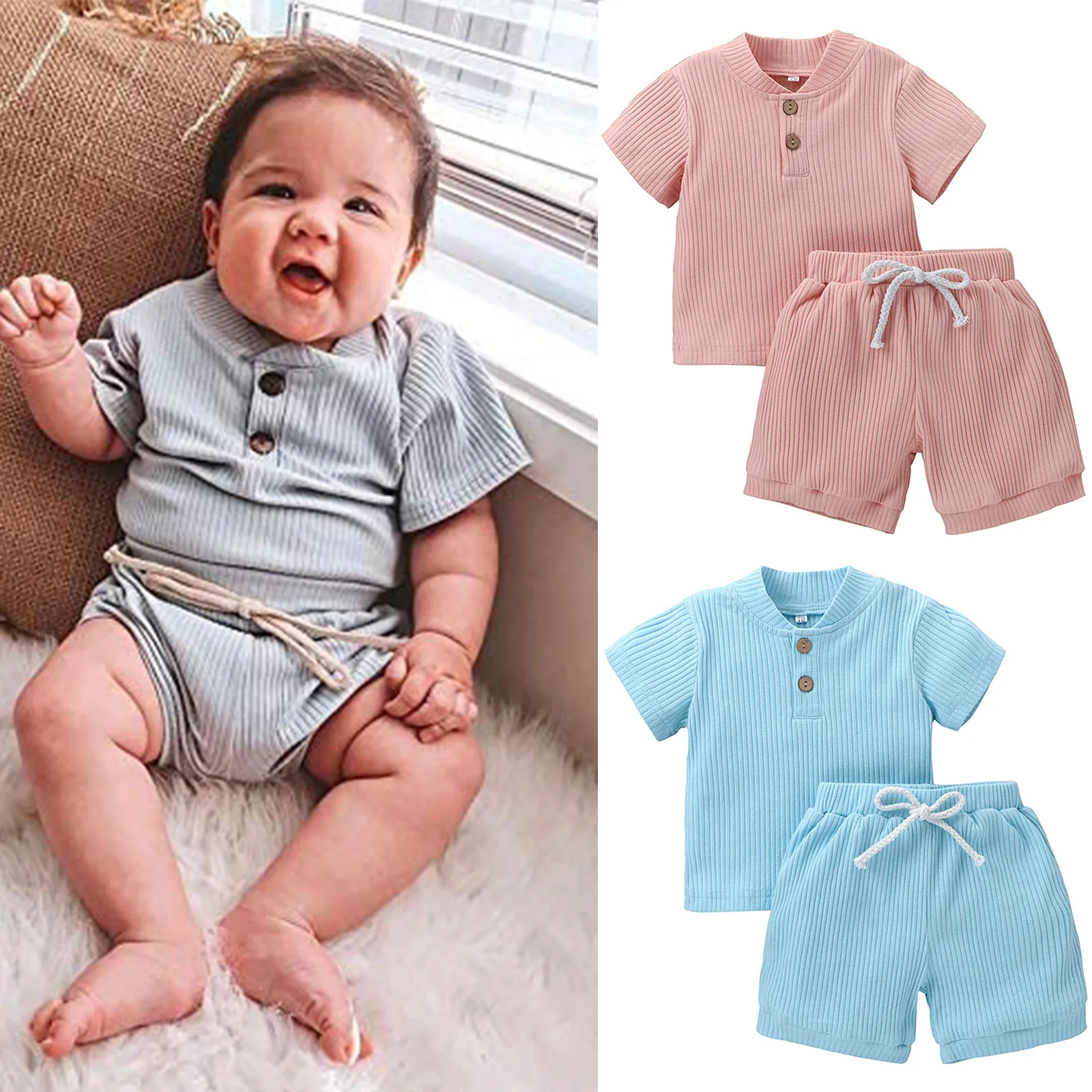 

0-18Months Fashion pit stripe suit Toddler Baby Boys Girls Short Sleeve Solid Top+Shorts Outfits Set chandal bebe niÃ±o Casual M4