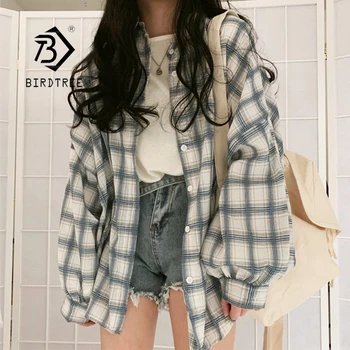 Image of Autumn New Women Vintage Plaid Oversized Blouse Lantern Sleeve Turn-Down Collar Spring Shirts Button Up Casual Korean Tops T