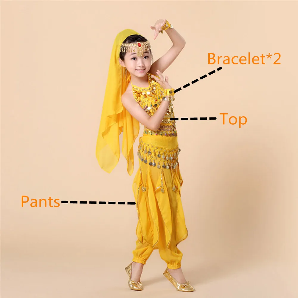 Yellow 3pcs Детский костюм для танца живота, Болливуд, восточное платье для танца живота, комплект, индийский, Египетский, Египетский костюм, штаны, топ, Одежда для танцев для девочек, 5 шт - Цвет: Yellow 3pcs