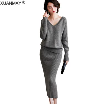 

Autumn Thick style Sweater Two-piece suit Over the knee Long style Sweater Skirt Two-piece High-quality Autumn Sweater suit
