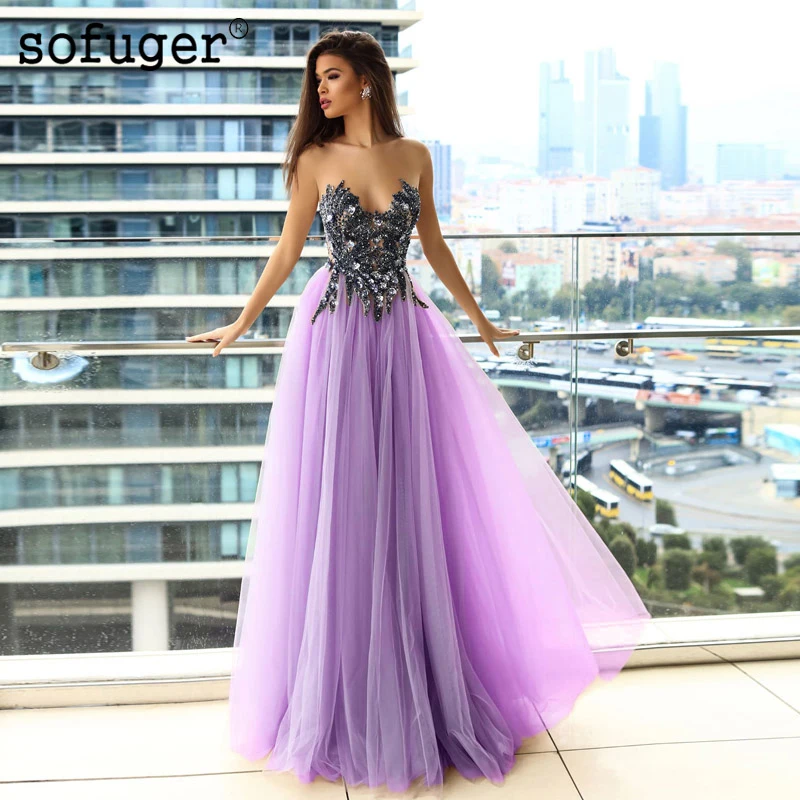 

Lilac Button Illusion Back Beadings Pleat Evening Dress Prom Vestidos De Fiesta Formal Party Dress Arabic Special Occasion