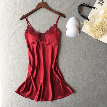 

Spring and summer new style silk simulation nightdress sexy suspender lace pajamas silk smooth comfortable home clothes female i