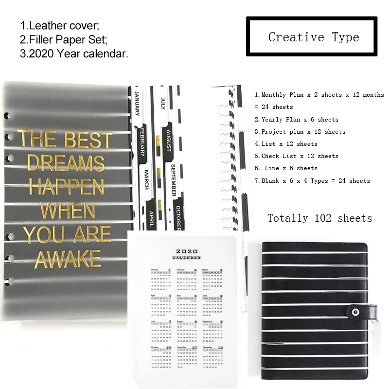 Creative Set Lovedoki в черную полоску, год, планировщик, органайзер, А6, спиральное кольцо, записная книжка, ежемесячный недельный план, дневники, школьные канцелярские принадлежности - Цвет: Creative Set