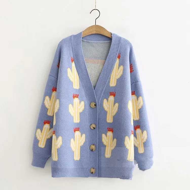 winter mori girl cactus cartoon pattern cartoon loose v-neck cardigan sweater